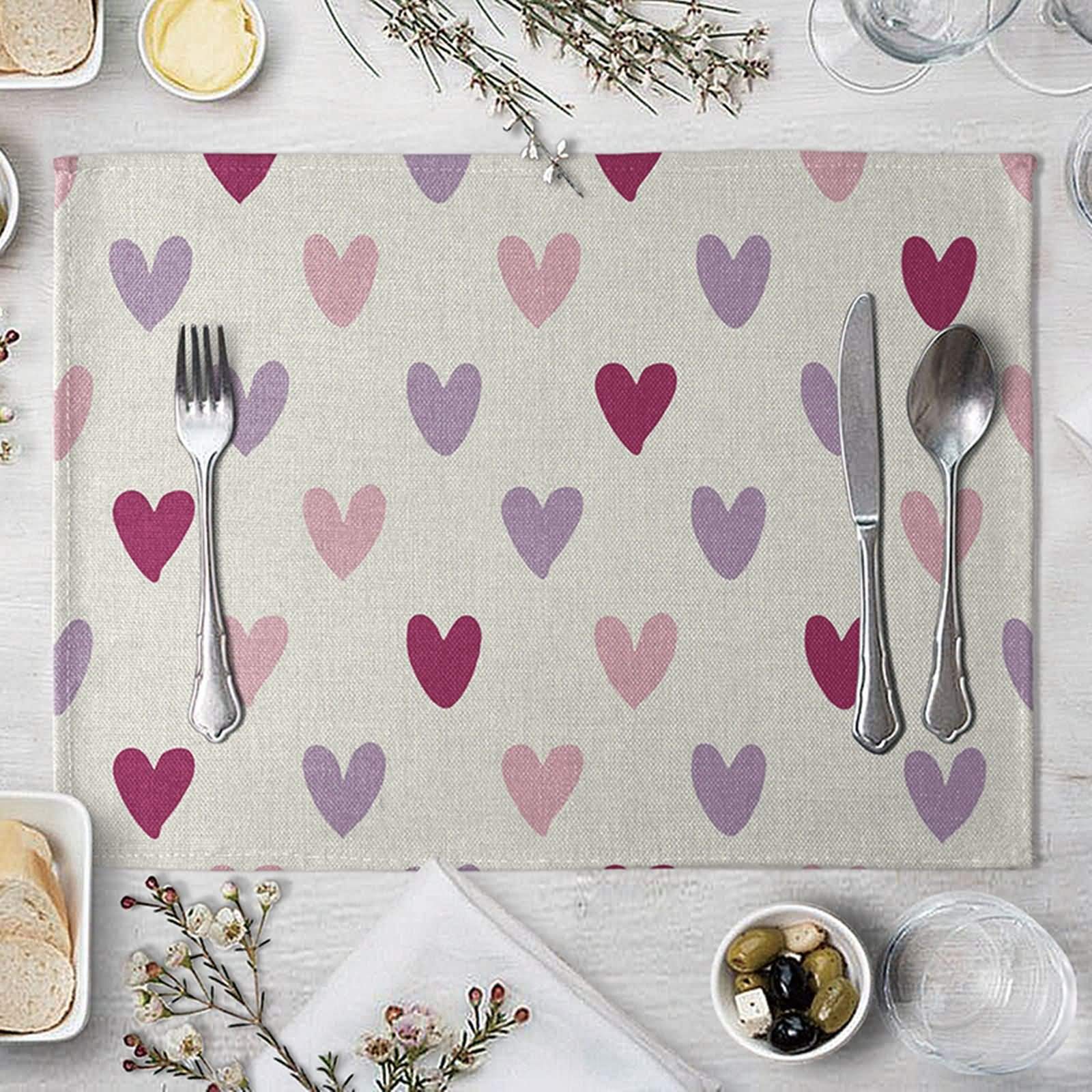 Daesar 4-Piece Cotton Linen Placemat Set - Elegant Heart Pattern in Red, Pink & Purple - 16x12 Inch Modern Table Mats for Dining & Entertaining - Perfect for Dinner Parties, Holiday Meals & Everyday Use