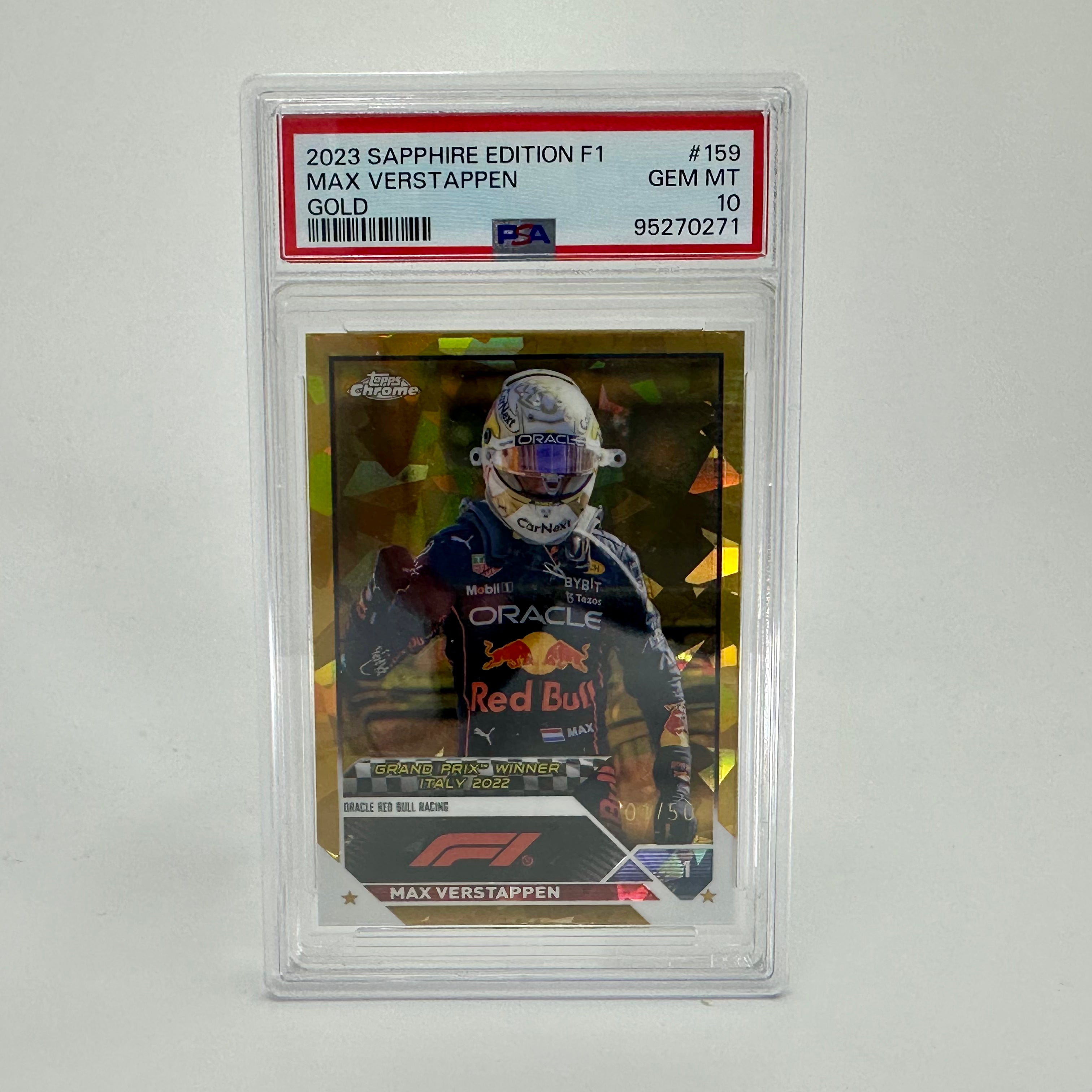 2023 Topps Chrome Sapphire Gold Max Verstappen #159 PSA 10 01/50 - Rare Collectible Trading Card for F1 Fans & Sports Memorabilia Enthusiasts