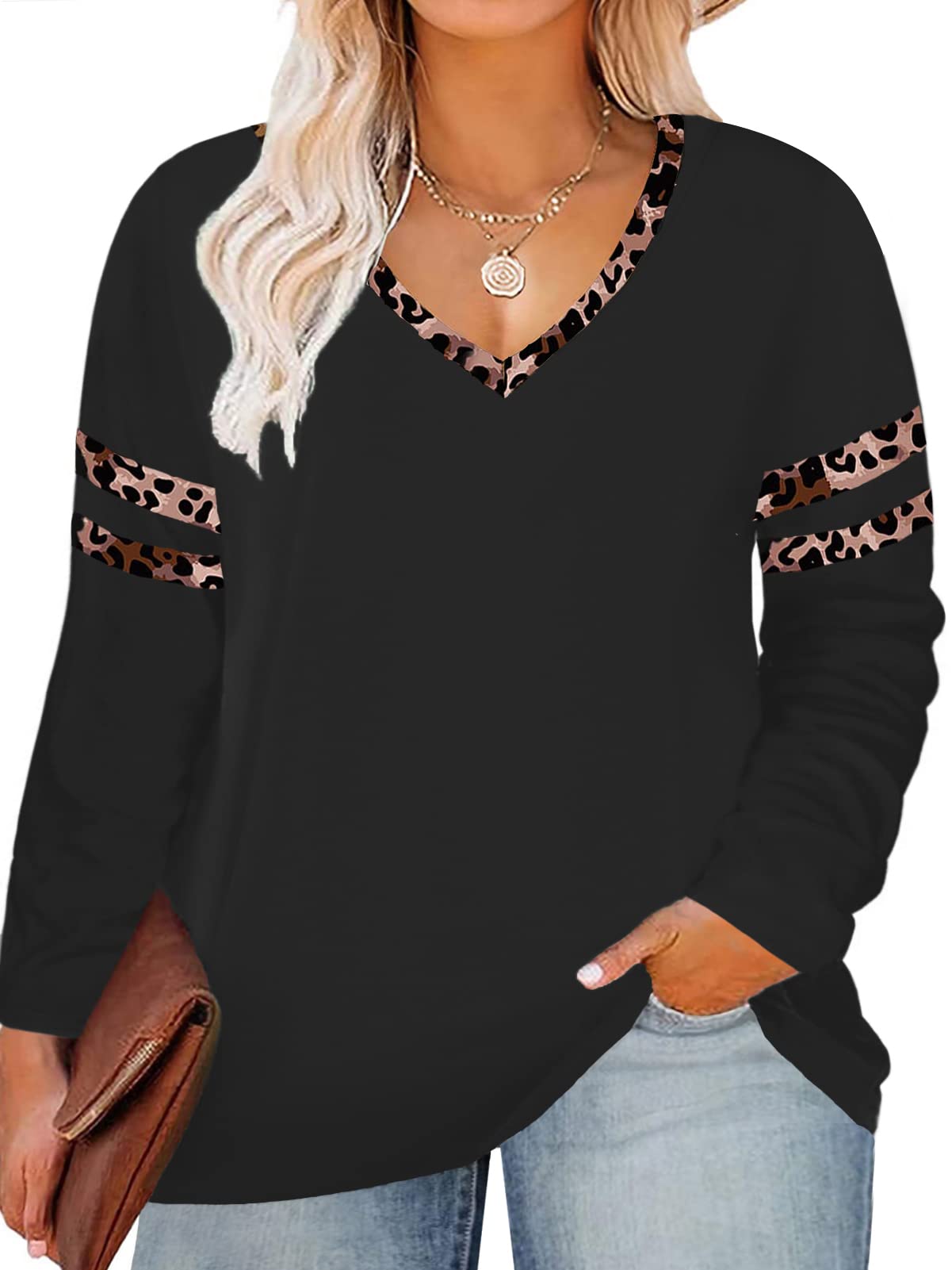 ROSRISS Women's Plus Size Long Sleeve V-Neck Tunic Tops - Solid Color Blouse & Casual T-Shirts for Work, Office, and Everyday Wear