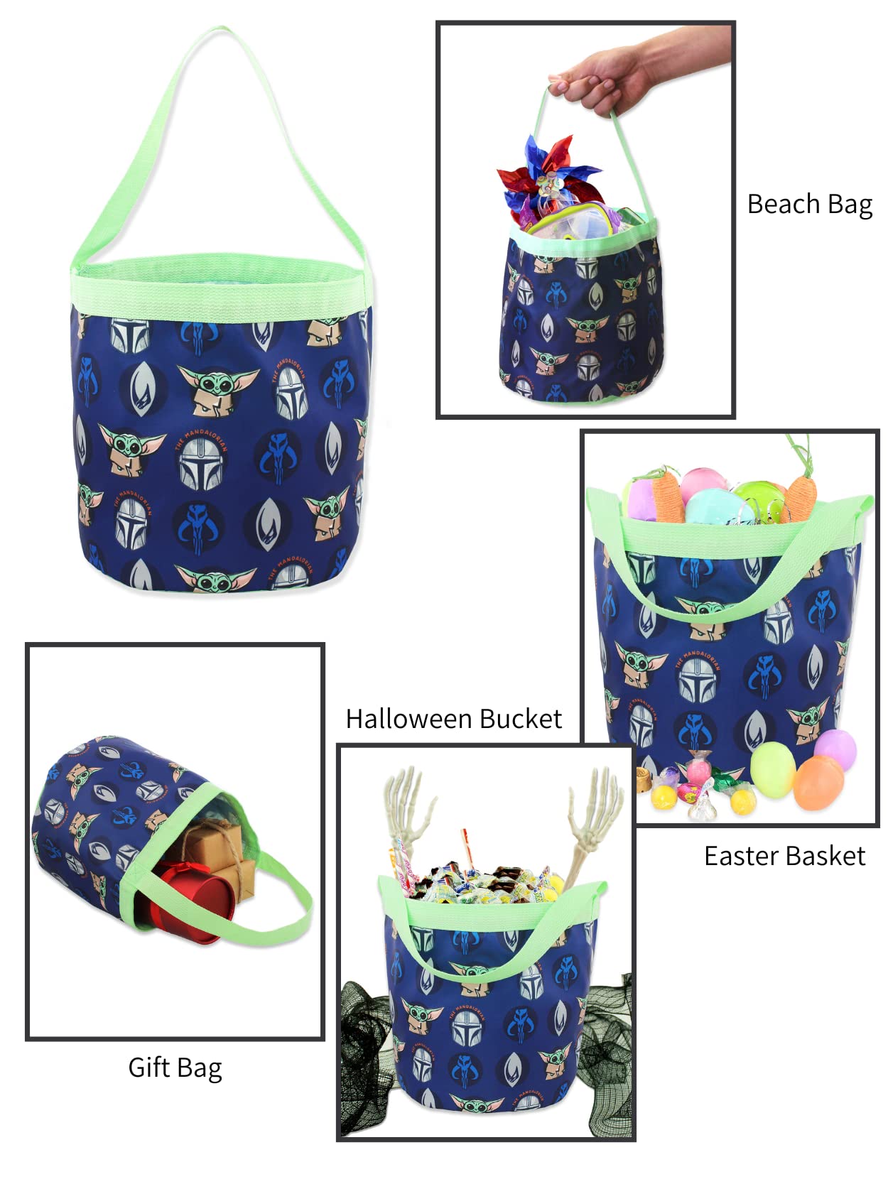 Disney Star Wars Mandalorian Yoda Collapsible Nylon Basket Bucket Tote Bag - Foldable Storage Organizer for Groceries, Toys & Laundry | Perfect for Shopping, Beach & Home Organization