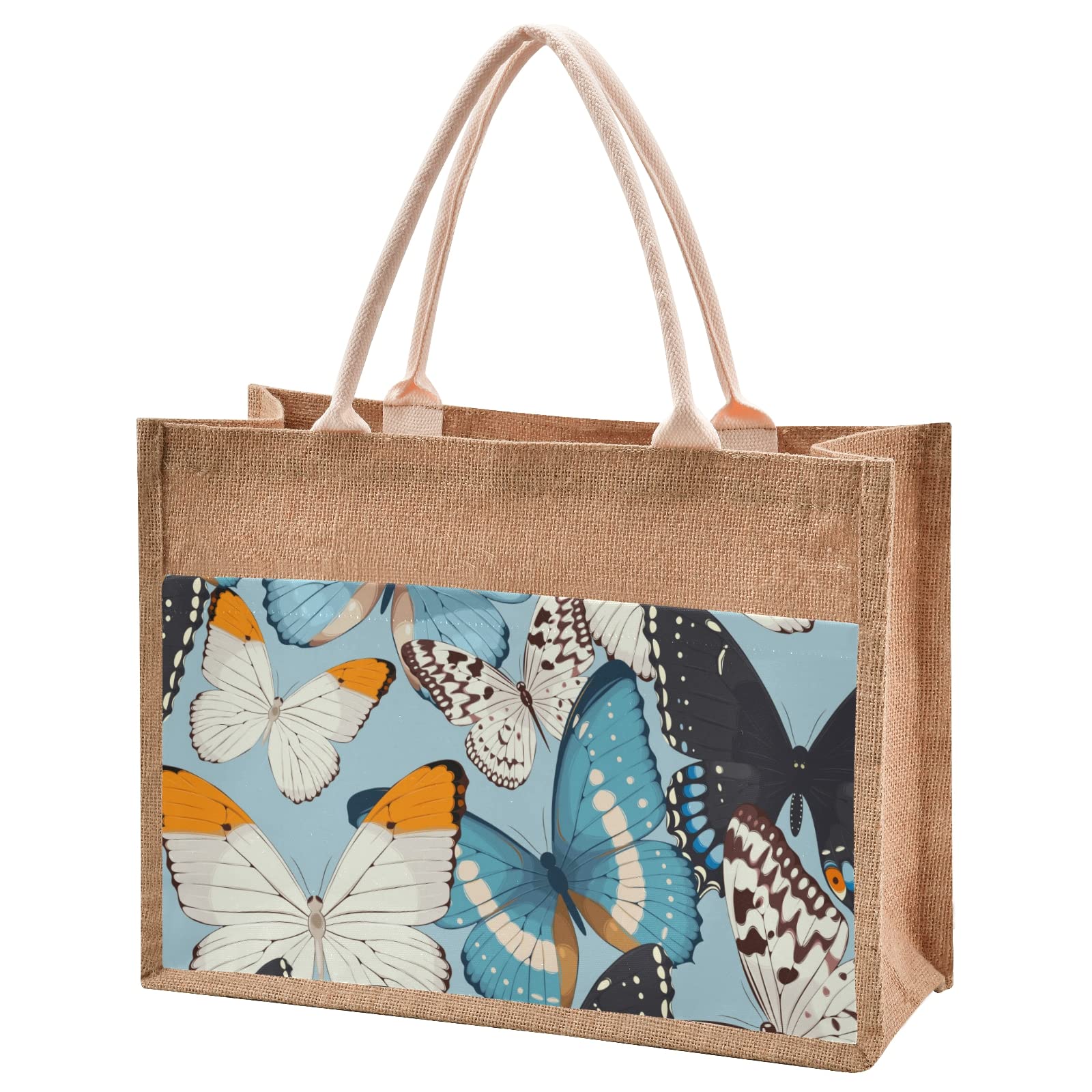 Eco-Friendly Blue Butterfly Jute Tote Bag - Large Capacity Women's Handbag, Grocery Shopping Bag (4 Sizes) - Perfect for Beach, Farmers Market & Daily Use