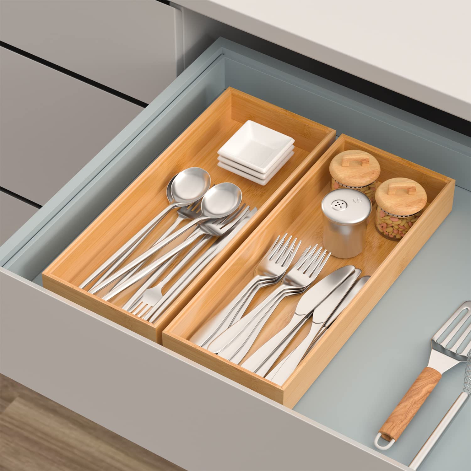 Premium Bamboo Drawer Organizer Set of 2 - Stackable Kitchen Utensil Tray, Wooden Silverware Storage Box (15