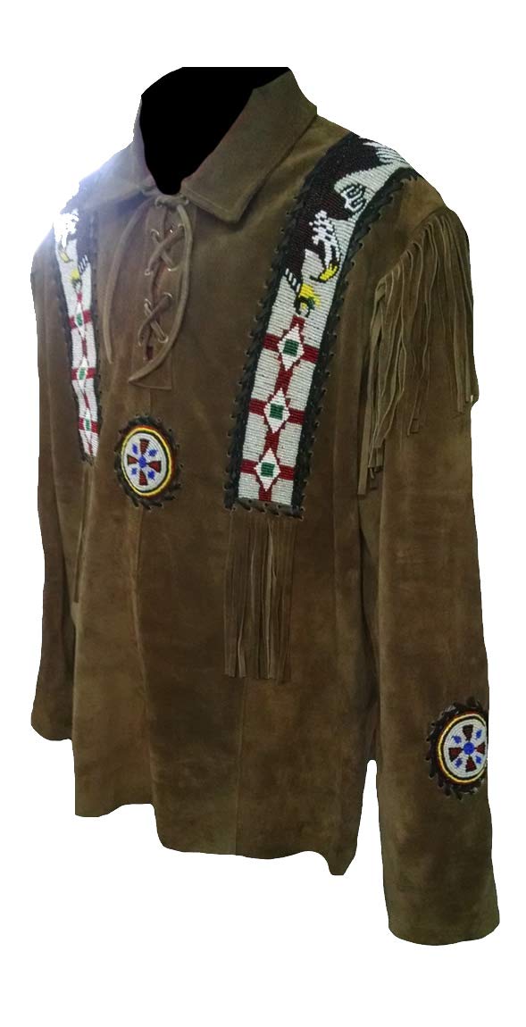 Classyak Men's Western Indian Suede Leather Fringed Beaded War Shirt - Vintage Native American Style Cowboy Shirt for Festivals, Rodeos & Western Fashion