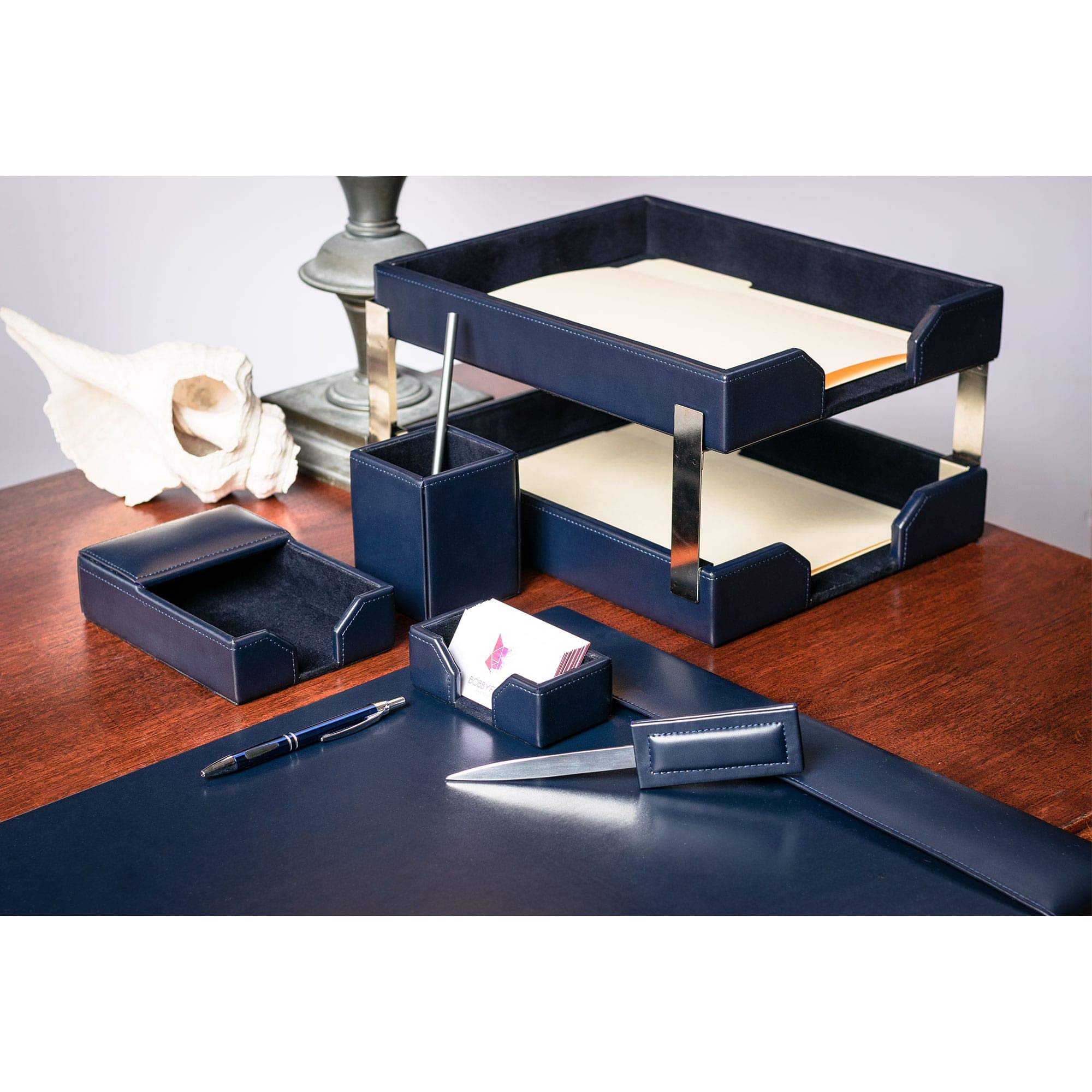 Premium DACASSO Bonded Leather Desk Set - Luxury Office Desk Pad & Organizer with Pen Holder, Letter Tray & Accessories (Navy Blue, 8-Piece) - Perfect for Home Office, Executive Desk & Professional Workspace Setup