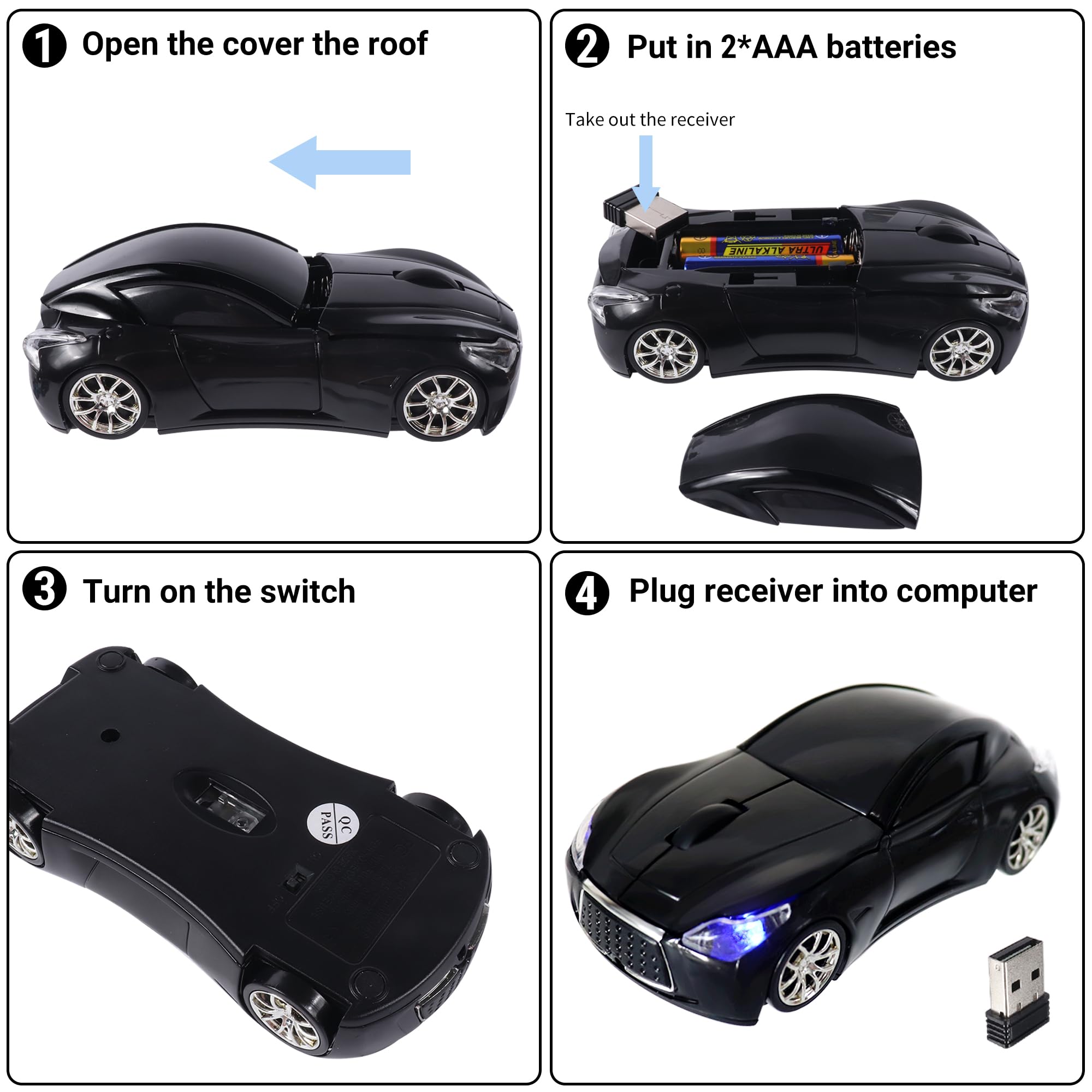 Elec Space Wireless Mouse - Cool Sports Car Design, USB Receiver for PC & Laptop, 1600 DPI, 3 Buttons, Black | Ergonomic Cordless Optical Mouse for Gaming, Office & Home Use