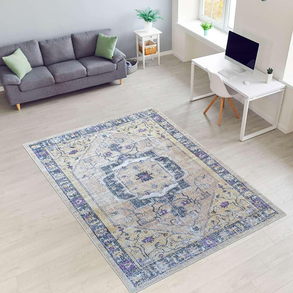 5x8 Soft Woven Washable Cotton Rug - Non Slip Vintage Area Rug for Living Room & Hallway - 90% Cotton, Pet Friendly, Stain Resistant, Non Shed - Cream Multi Floral Design - Perfect for Home Decor, Bedroom & Entryway