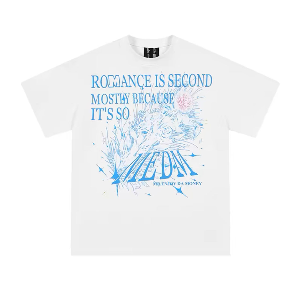 Mr Enjoy Da Money Crystal Rose Graphic T-Shirt - White | Trendy Streetwear for Men & Women | Perfect for Casual Outings & Music Festivals