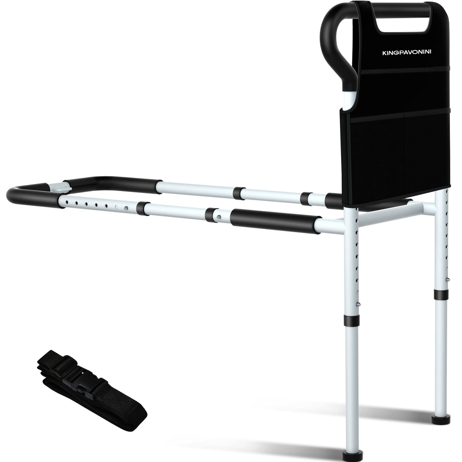 **KingPavonini Adjustable Bed Rails for Elderly Adults - Non-Slip Ergonomic Handle, Storage Pocket, Supports 300 Lbs, Tool-Free Assembly - Ideal for Seniors Safety, Fall Prevention & Bed Mobility Assistance**