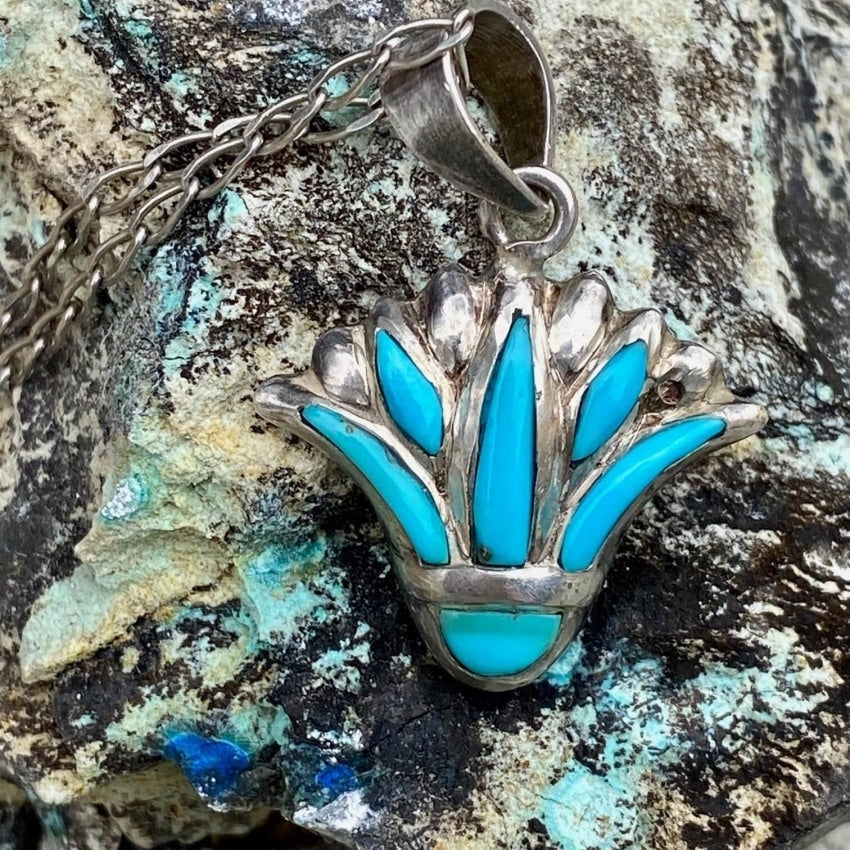 Turquoise Inlay Sterling Silver Pendant Necklace with Chain - Elegant Boho Jewelry for Women, Perfect for Casual Wear, Parties & Gifts