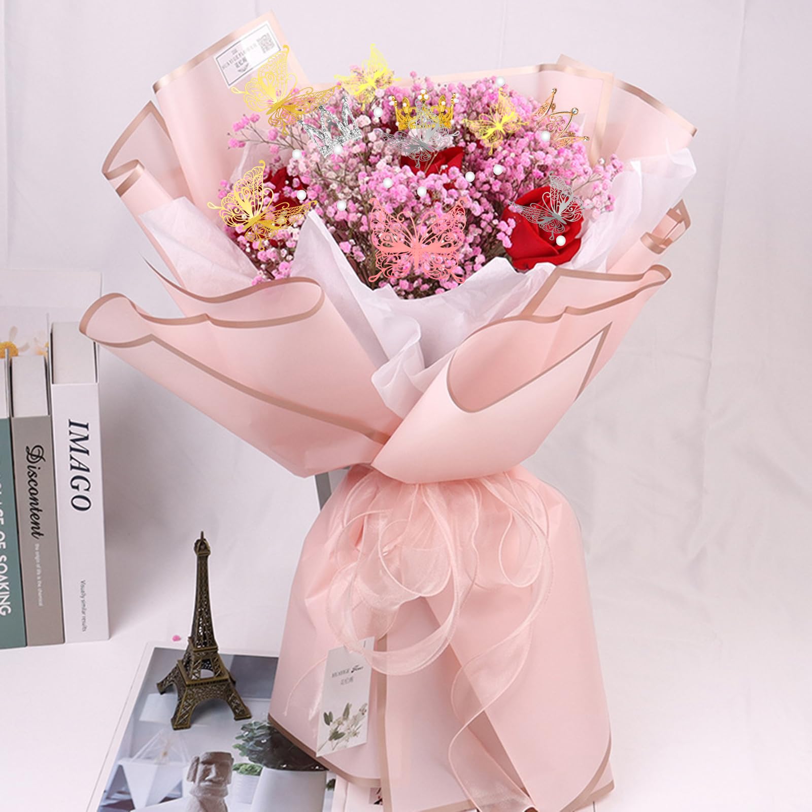 241 Pcs Waterproof Flower Bouquet Wrapping Paper Set with 3D Butterflies & Crown Ribbons - DIY Floral Arrangement Supplies for Weddings, Birthdays, Florist Crafts | Perfect for Gift Wrapping, Party Decorations & Handmade Bouquets