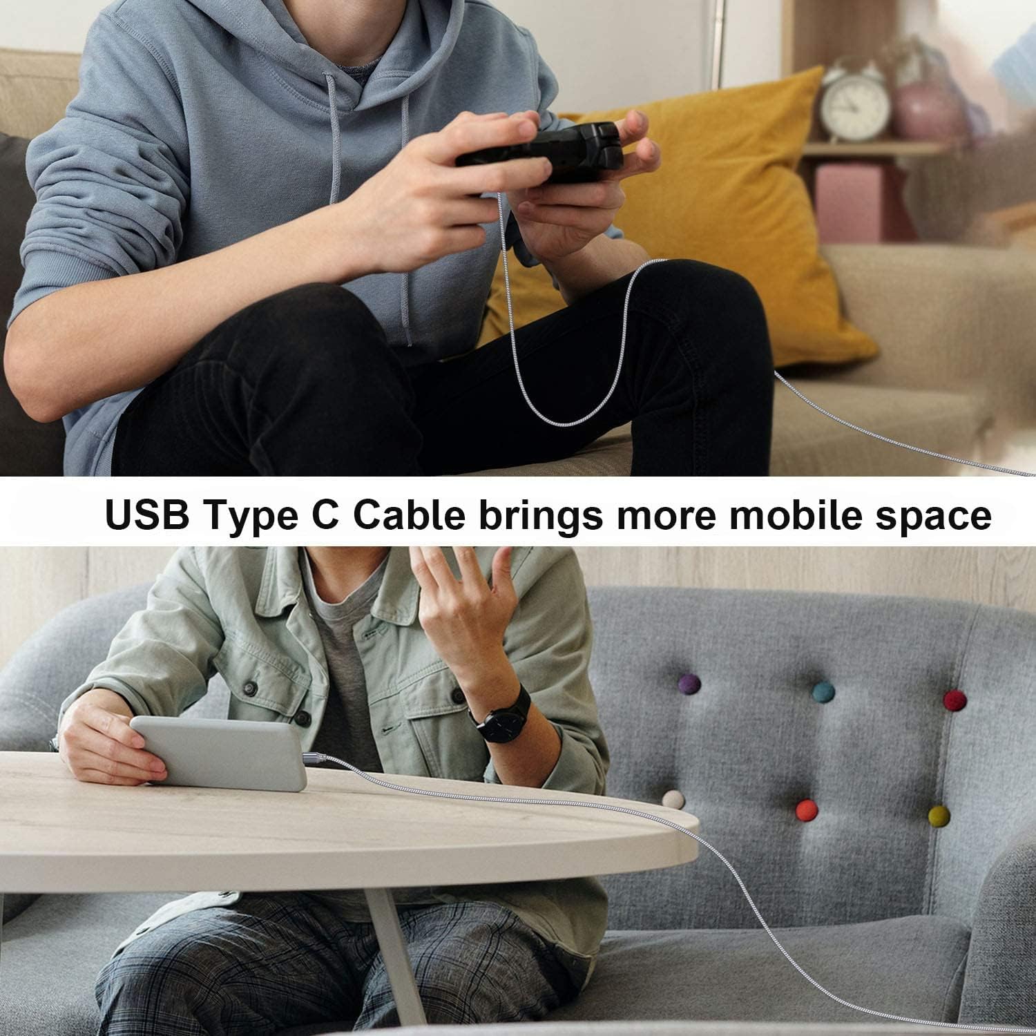 8M Extra Long Braided USB C Cable - Fast Charging & Durable Nylon Cord for PS5 Controller, Samsung Galaxy S20/S10/S9, Huawei, Xbox, Switch Pro - Perfect for Gaming & Device Charging (Grey)
