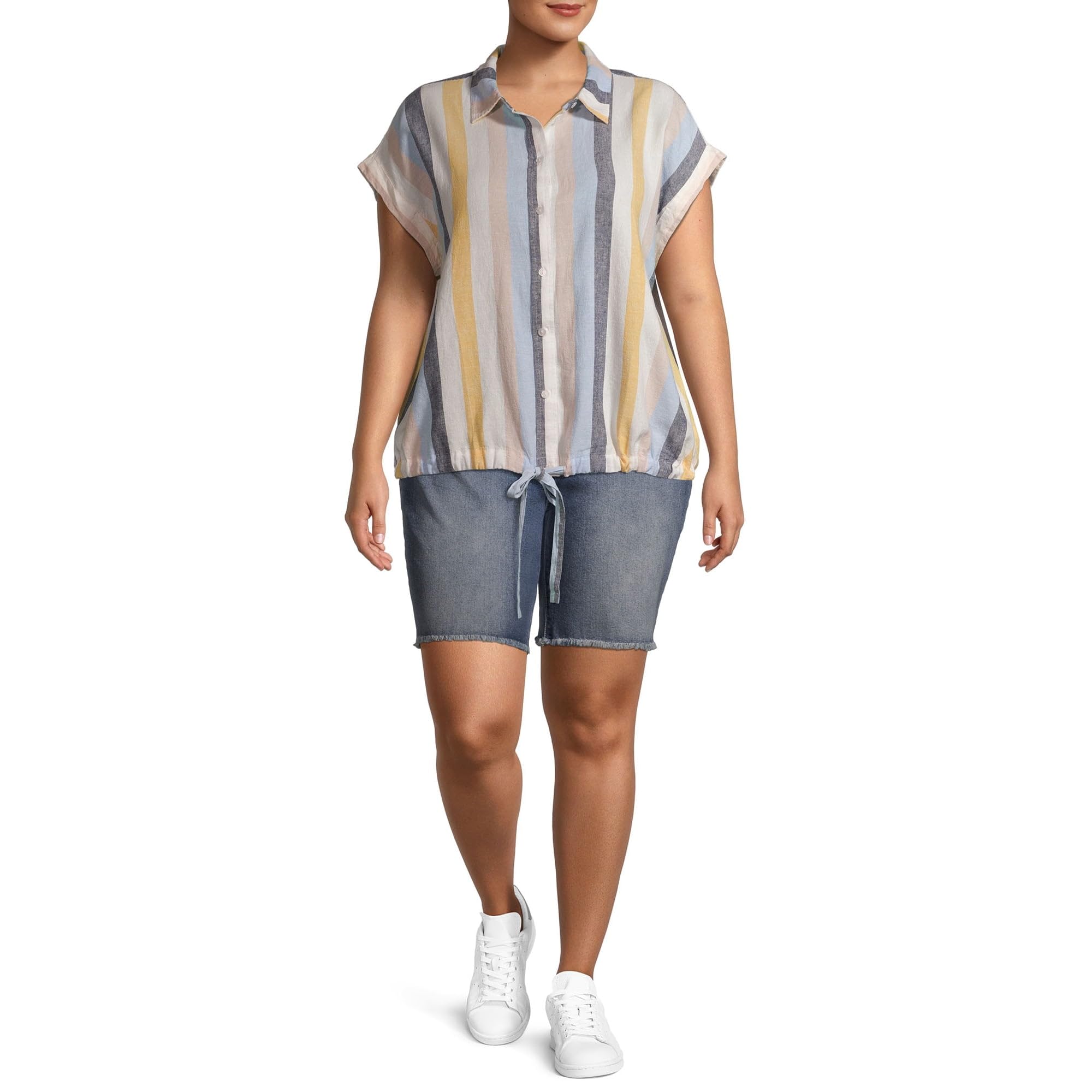Layla Medium Wash Plus Size Frayed Hem Denim Bermuda Shorts for Women | Comfortable Stretch Jeans Shorts for Casual Wear, Summer Outfits & Beach Vacations