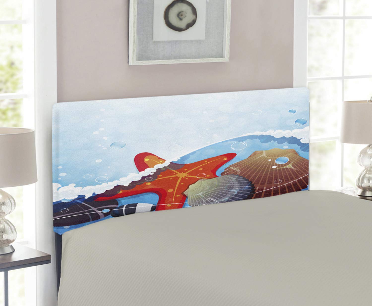 Ambesonne Starfish Upholstered Headboard - Twin Size Metal Bed Frame with Memory Foam, Ocean Waves Design Featuring Scallops, Seastars & Pebbles - Perfect for Coastal & Nautical Themed Bedrooms
