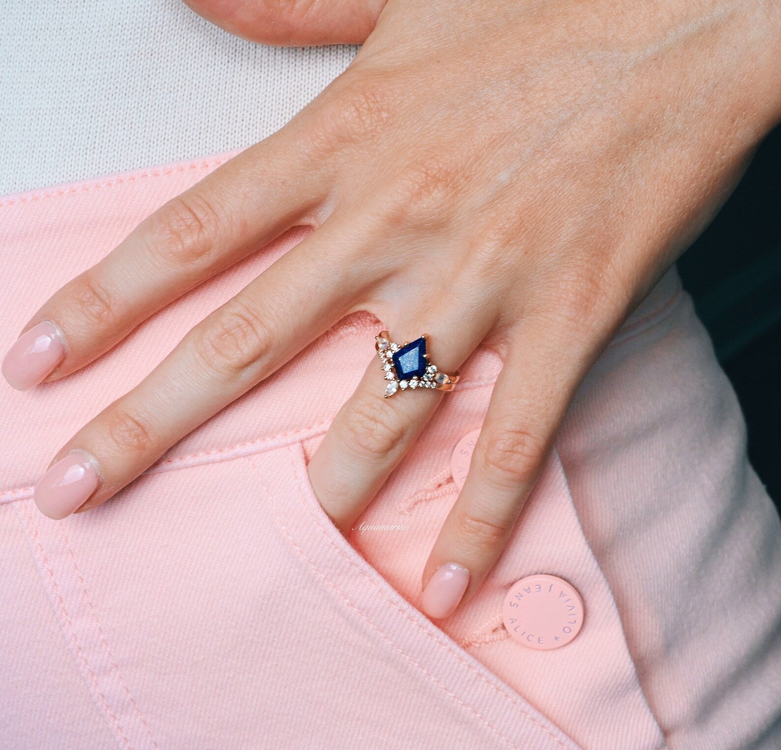 Skye Kite™ 14K Solid Rose Gold Lapis Lazuli & Moonstone Ring Set for Women - Elegant Birthstone Jewelry Gift for Birthday, Anniversary & Special Occasions