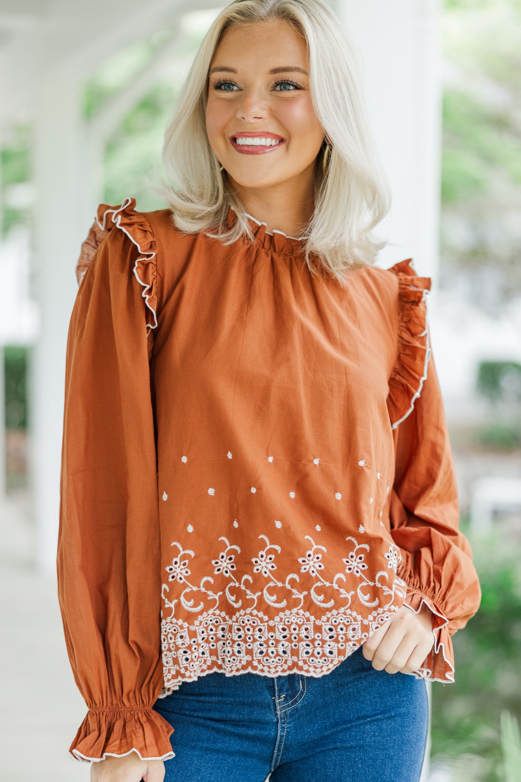 Elegant Dark Amber Eyelet Blouse for Women - Perfect for Office Wear, Date Nights & Special Occasions