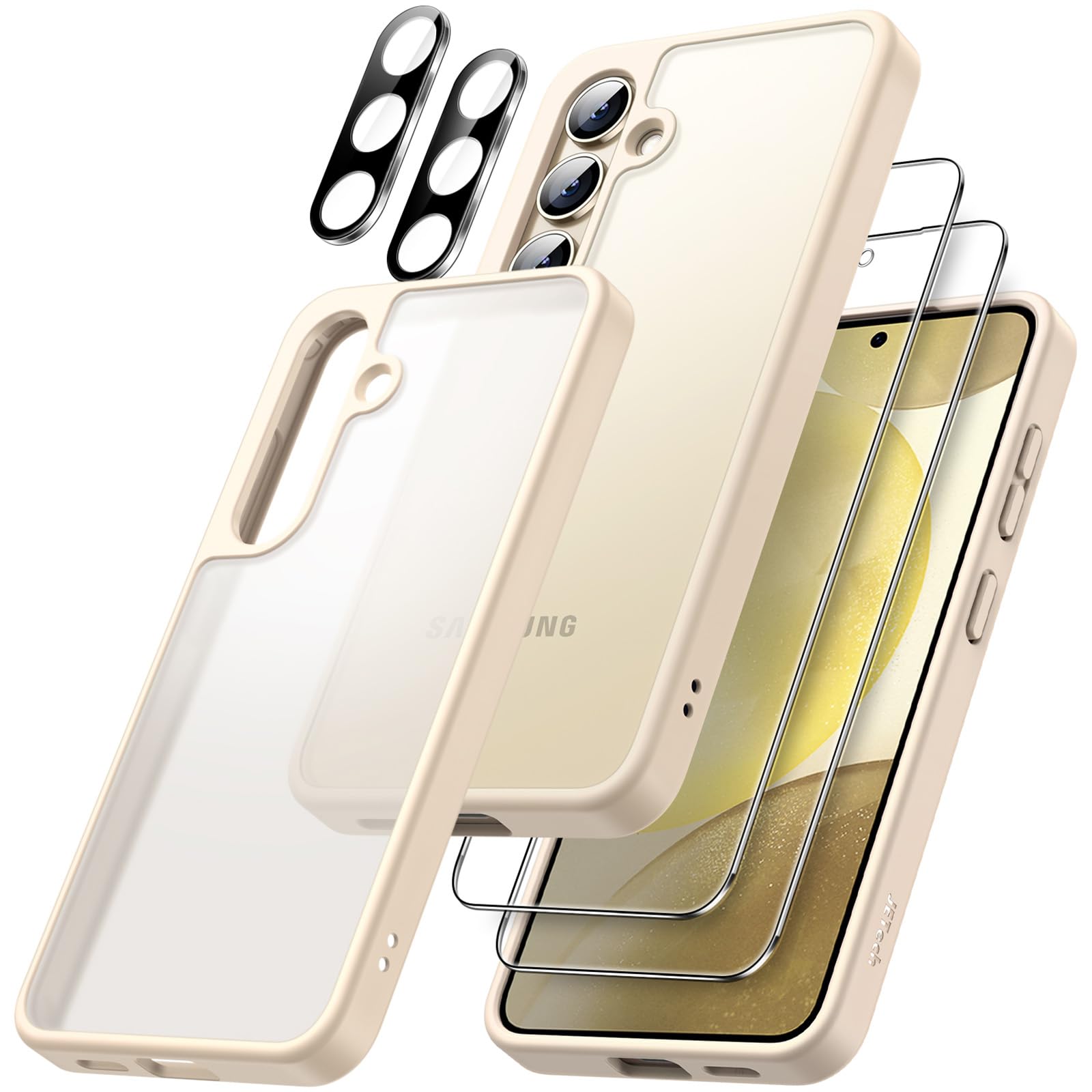 JETech 5-in-1 Matte Case for Samsung Galaxy S24+ / S24 Plus 5G - 2-Pack Tempered Glass Screen Protector & Camera Lens Protector, Translucent Back Protective Phone Cover (Gold) | Slim Shockproof Design for Everyday Use, Work & Travel