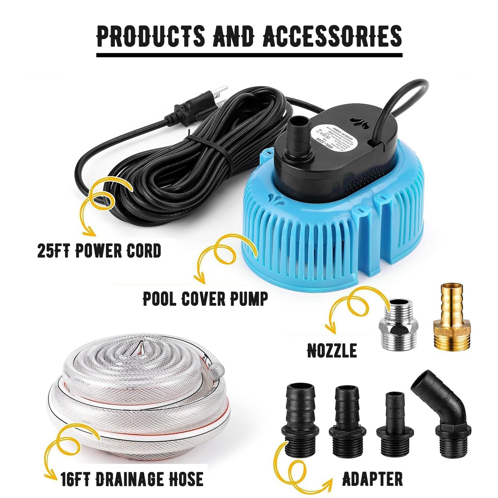 Best Above Ground Pool Cover Pump - Submersible Water Pump for Draining Pools, Sump Pump with 16ft Drainage Hose & 25ft Extra Long Power Cord (Blue) - Perfect for Winter Pool Covers, Inflatable Pools & Backyard Maintenance