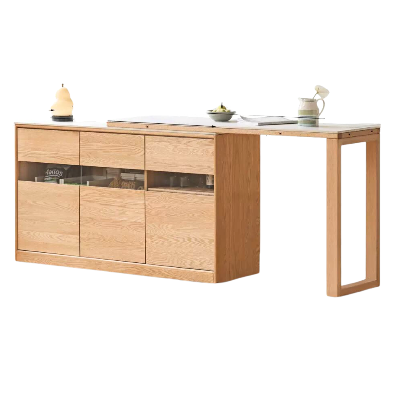 out of stock 62.2-105x17.7x35 inch / 158-267x45x89 cm / Natural Wood Color / L-shaped dining table + sideboard cabinet