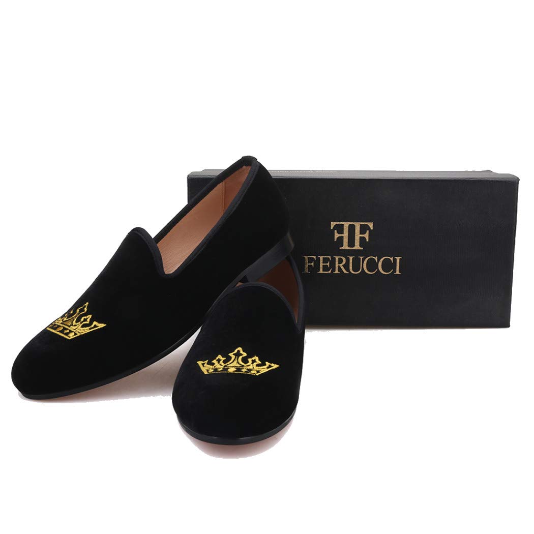 FERUCCI Men's Black Velvet Loafers Slippers with Gold Crown Embellishment - Comfortable House Shoes for Wedding, Prom, and Casual Wear