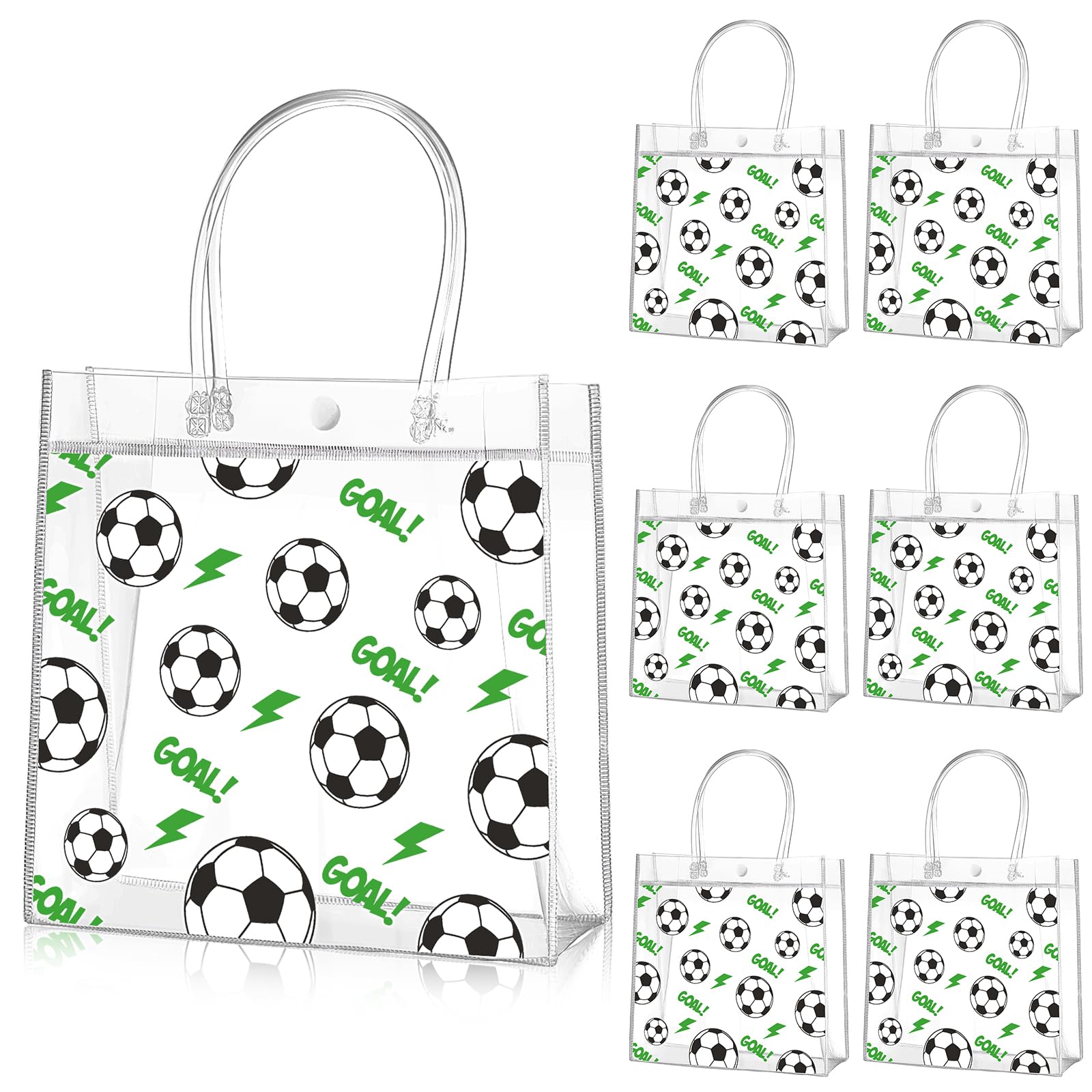 20 Pcs Soccer Themed PVC Clear Goodie Bags with Handles - 8x8x3.15 Inch Sports Party Favors for Team Gifts, Birthday Celebrations & Soccer Events - Bulk Pack for Coaches, Players and Fans