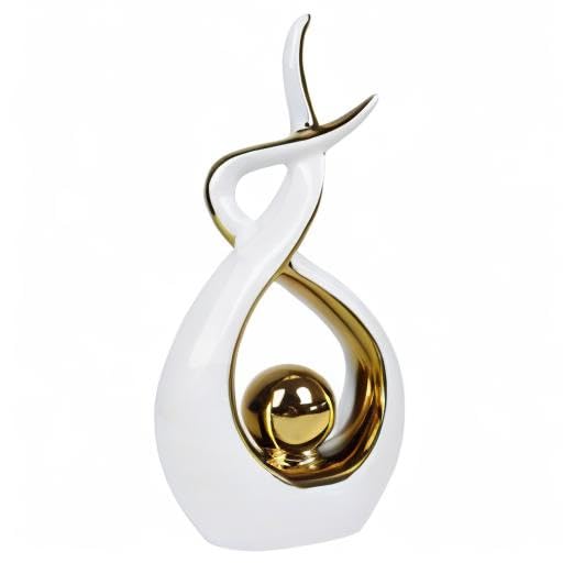 Modern Abstract Ceramic Statue - White & Gold Large Centerpiece for Dining Room, Living Room, Office & Home Decor