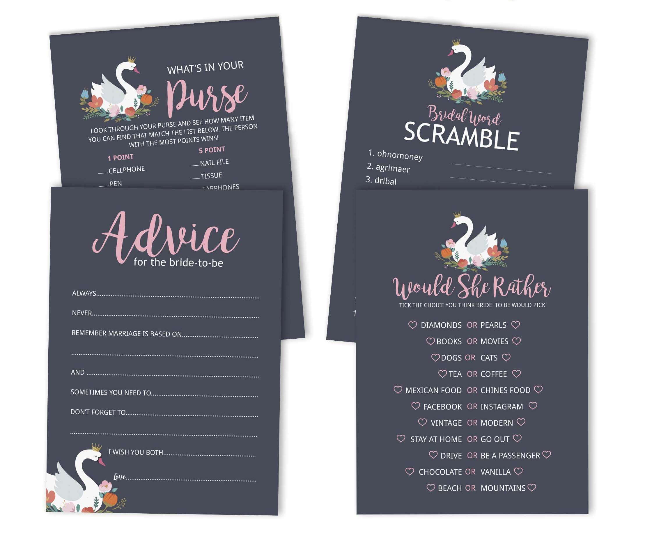 Bachelorette Party Games Set - 4 Fun Bridal Shower Games (50 Sheets Each) | Swan Theme | Perfect for Wedding Showers & Girls Night Out