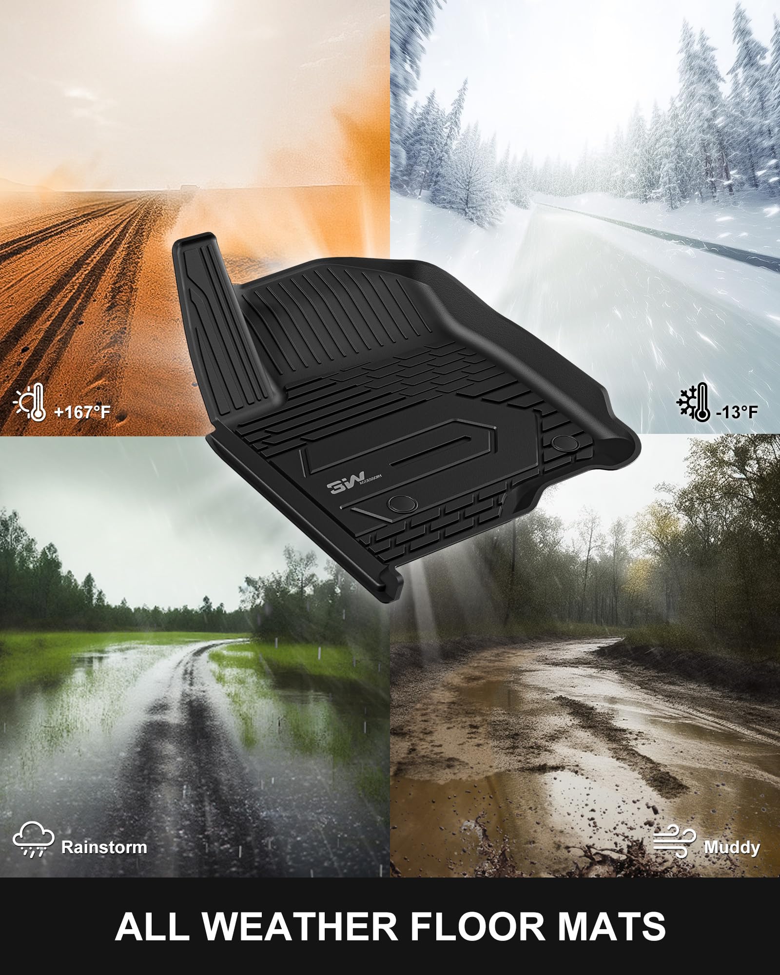 3W Custom Fit All-Weather TPE Floor Mats for 2019-2025 Chevy Silverado & GMC Sierra 1500/2500HD/3500HD Crew Cab - Durable Protection with Factory Carpeted Storage - Perfect for Off-Roading, Daily Commute & Winter Weather