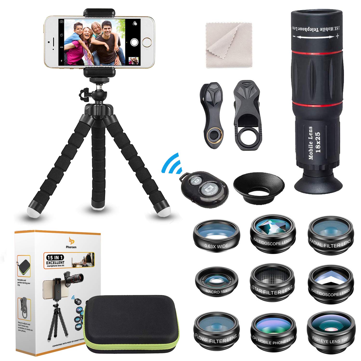 15-in-1 Universal Smartphone Camera Lens Kit - 18X Telephoto, Wide Angle, Macro, Fisheye & Kaleidoscope Lenses with CPL/Flow/Star/Radial Filters + Tripod & Remote Shutter - Compatible with Most iPhones & Android Phones - Perfect for Travel, Vlogging, Photography & Social Media Content Creation