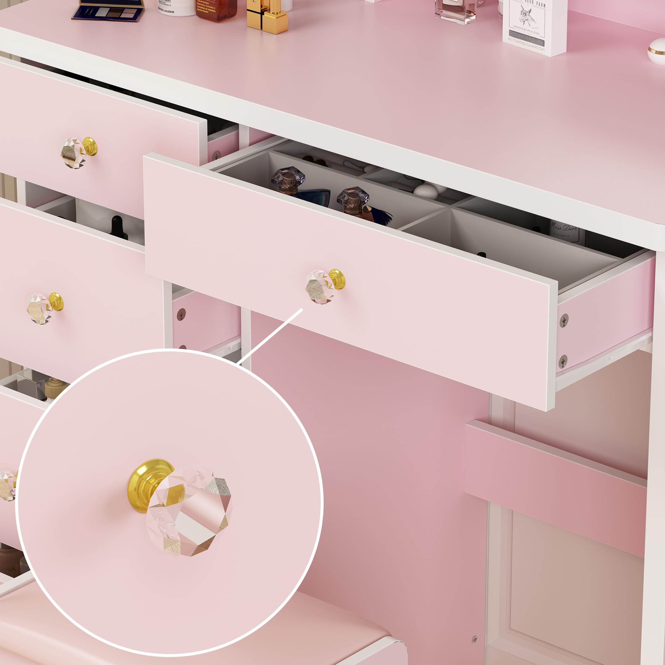 ECACAD Vanity Desk Set with LED Lighted Round Mirror, 5-Drawer Makeup Dressing Table with Storage Shelves & Cushioned Stool - Pink Bedroom Furniture for Women & Girls | Perfect for Makeup Organization, Dressing Room & Small Space Decor