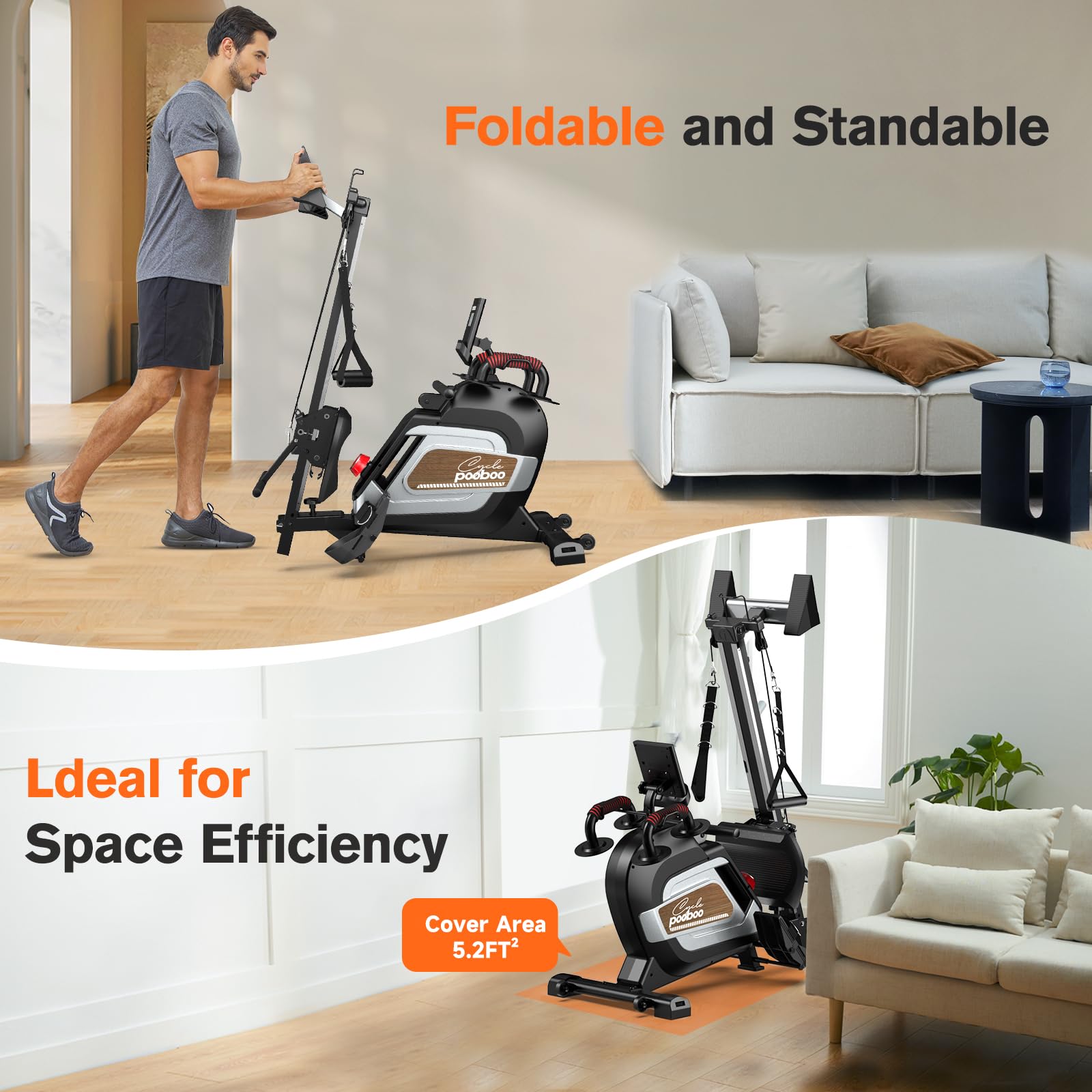 Pooboo Magnetic Rowing Machine - 360 LB Weight Capacity, Foldable Rower for Home Gym with Tablet Holder & Comfortable Seat Cushion | Full-Body Workout Equipment for Cardio & Strength Training | Perfect for Small Spaces & Apartment Fitness