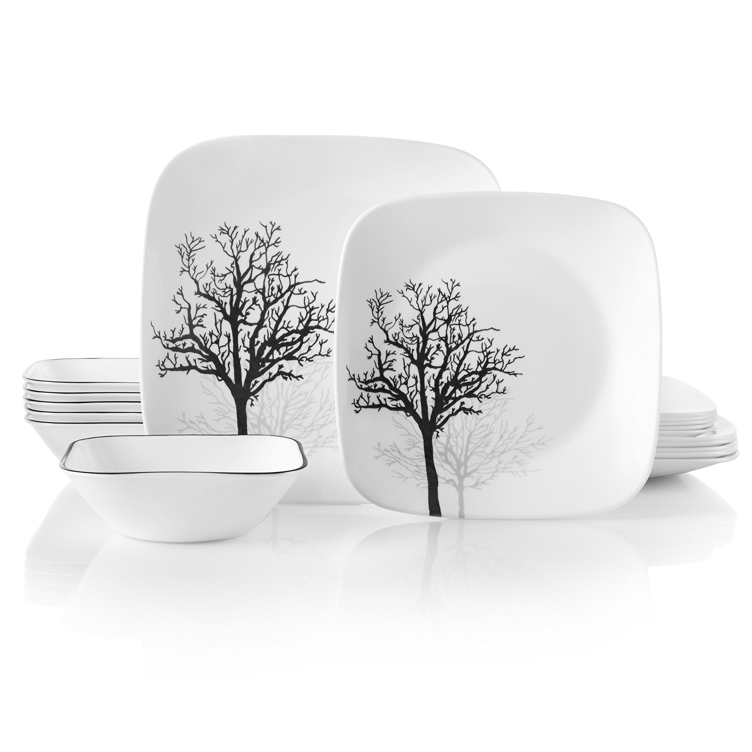 Corelle Vitrelle 18-Piece Dinnerware Set for 6 - Chip Resistant Triple Layer Glass Plates & Bowls - Lightweight Square Dish Set in Timber Shadows Pattern - Perfect for Everyday Dining, Dinner Parties & Family Gatherings
