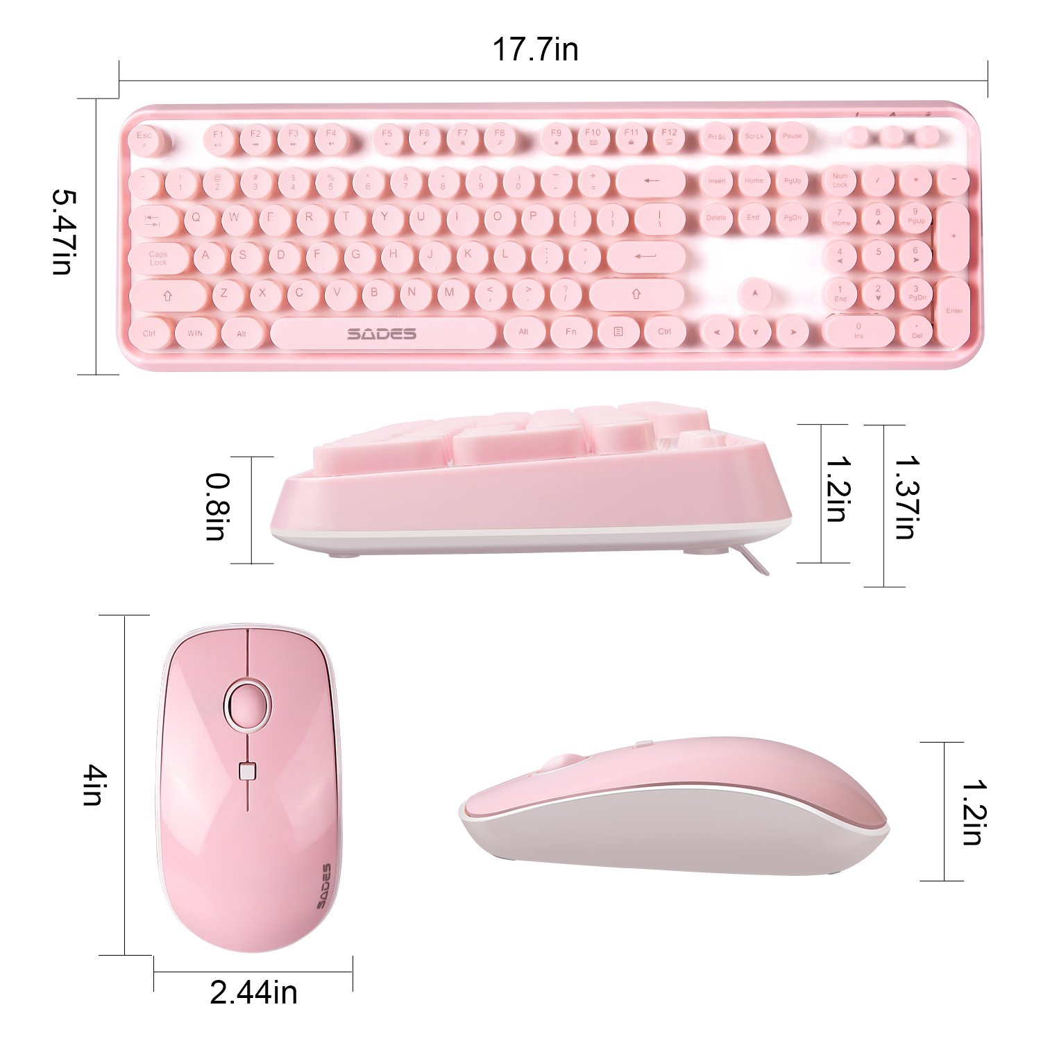 V2020 Pink Wireless Keyboard and Mouse Combo with Round Keycaps, 2.4GHz Stable Connection, Long Battery Life - Cute Wireless Keyboard Set for PC, Laptop, Mac (Pink) - Perfect for Home Office, Gaming, and Typing