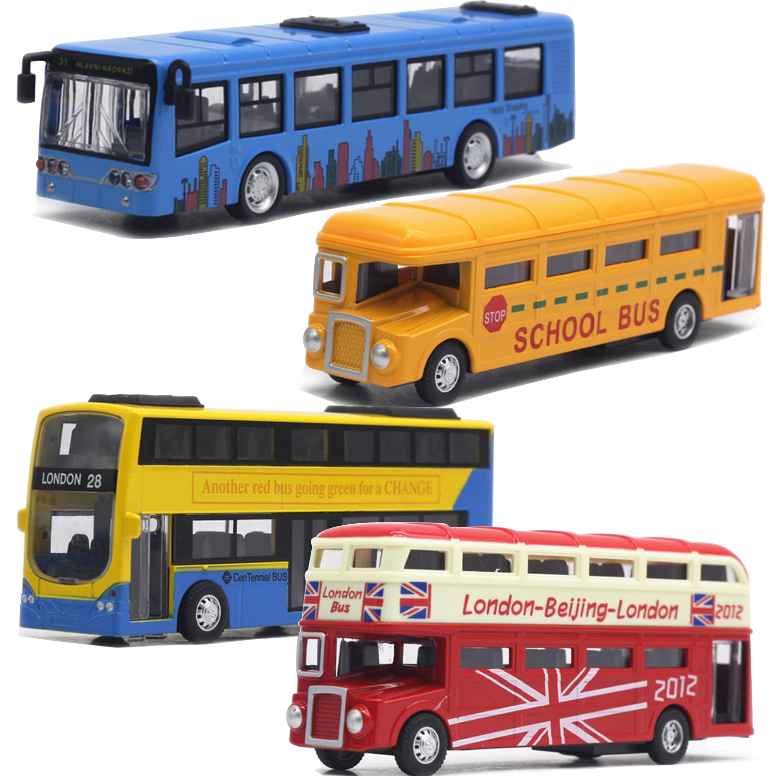 OTONOPI Pull Back School Bus Toy Set - 4 Pack Double Decker London City Tour Vehicles, Die Cast Metal Friction Powered Toy Cars for Kids | Perfect for Pretend Play, Travel Adventures & Collectible Display