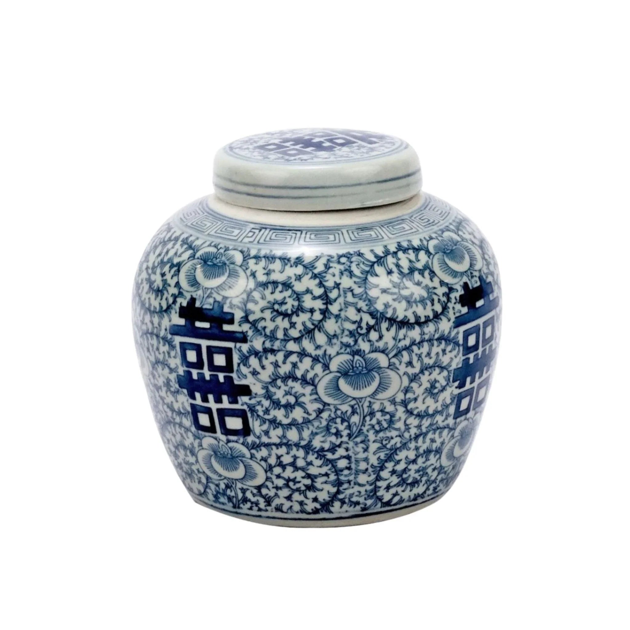 Antique Blue and White Porcelain Double Happiness Floral Lidded Jar - Vintage Chinese Wedding Tea Caddy, Home Decor & Collectible Gift for Housewarming, Wedding, Anniversary