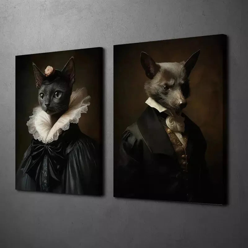 2pcs Black Cat & Bat Gothic Renaissance Portrait Canvas Wall Art - 50x75cm Framed High Quality Print | 100% Australian Made | Ready to Hang | Perfect for Halloween Decor, Gothic Home Decor & Dark Academia Aesthetic