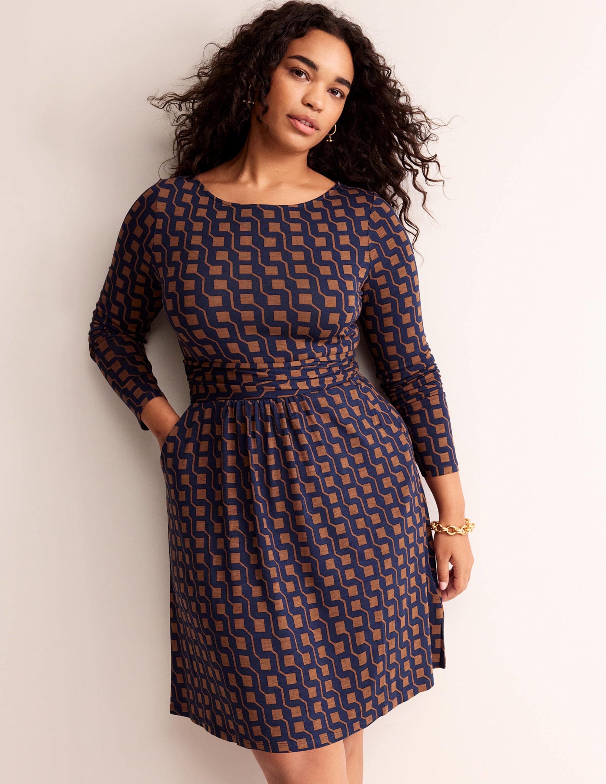 Abigail Jersey Dress in Cognac Brown - Stylish Cube Geo Print for Women | Perfect for Casual Outings, Office Wear & Date Nights