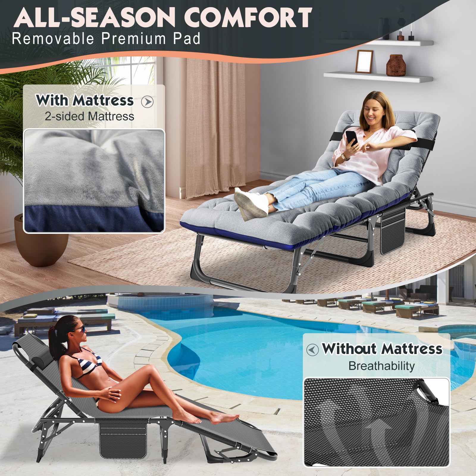 MOPHOTO 5-Position Folding Lounge Chair - Portable Outdoor Chaise Lounge for Sunbathing, Pool, Beach & Patio | Lightweight & Adjustable for Camping, Backyard Relaxation & Travel