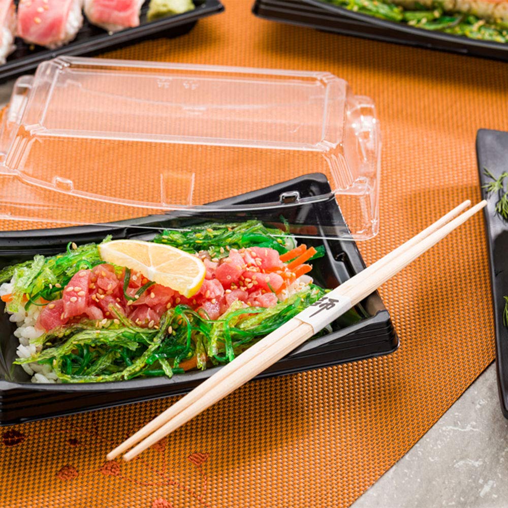 Restaurantware Roku 7.5 x 4.75 Inch Black Plastic Sushi Trays - 100 Disposable Takeout Containers with Lids for Appetizers, Entrees & Desserts | Perfect for Japanese Restaurants, Catering & Food Delivery Services