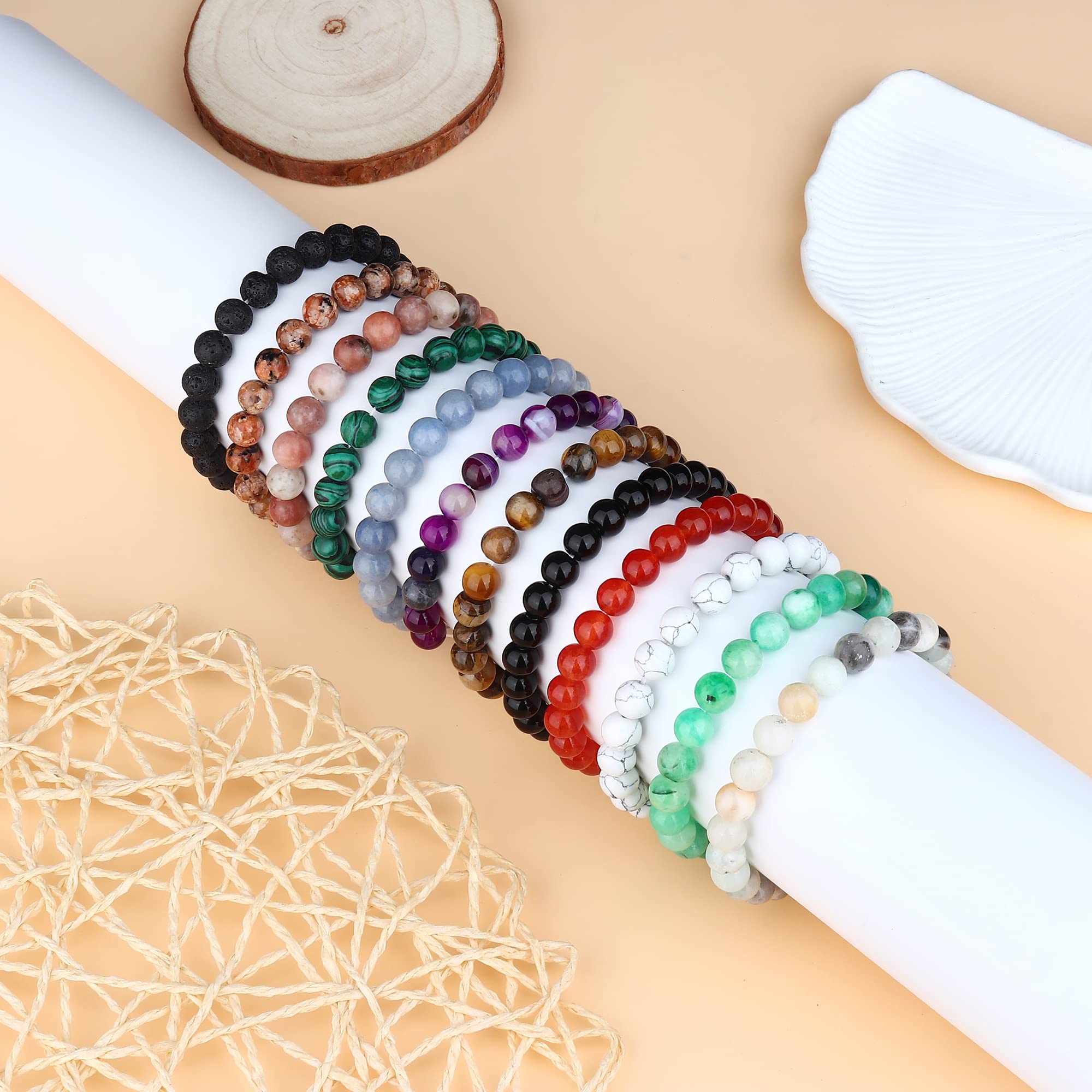 12 Pack 8mm Beaded Stretch Bracelets for Women & Men - Natural Healing Stone & Semi-Precious Gemstone Crystal Bead Set - Adjustable Wristbands for Yoga, Meditation, Gifts & Everyday Wear