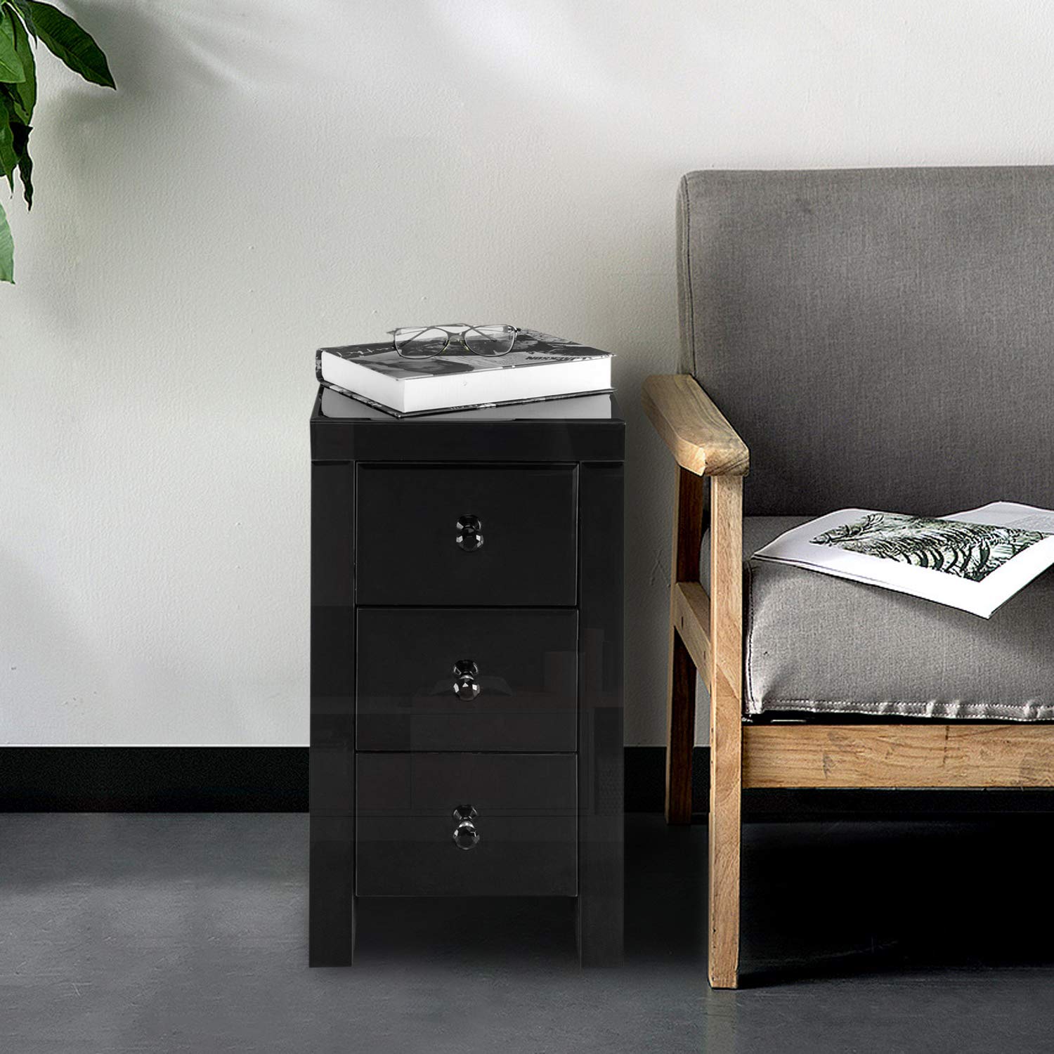 Modern Black Mirrored Glass Bedside Table with 3 Drawers - Stylish Nightstand for Bedroom, Living Room or Guest Room Decor