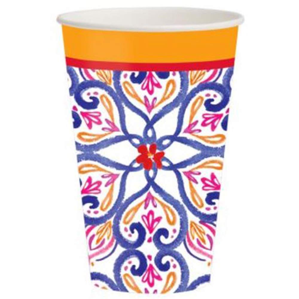 Colorful Floral Talavera 12oz Disposable Paper Cups - Set of 8 - Perfect for Mexican Fiesta, Party Decorations & Coffee Serving