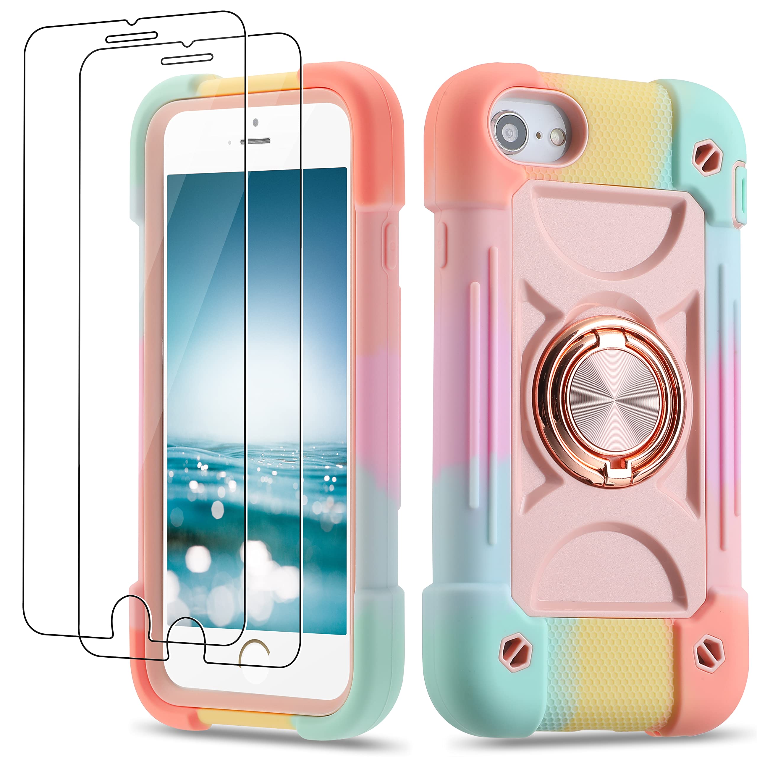 Military Grade Shockproof iPhone SE 3/SE 2/6/6S/7/8 4.7 Inch Case with Ring Stand & 2 Pack Screen Protector - Heavy Duty Rugged Protective Cover (Rainbow Pink) | Perfect for Outdoor Adventures, Work & Daily Protection