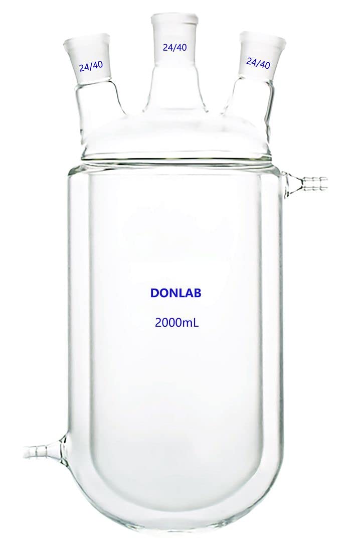 CFK-2000 2000ml/2L 3-Neck Double Layer Jacketed Glass Reactor Flask with 24/40 Ground Glass Joints - Laboratory Equipment for Chemical Synthesis, Distillation & Research Experiments