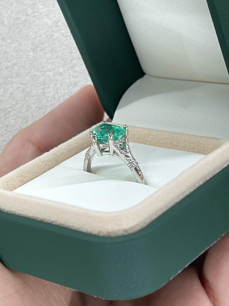 2.03ct Vivid Mint Green Heart Cut Colombian Emerald Solitaire Floral Ring - Elegant Engagement, Anniversary & Wedding Jewelry Gift for Her