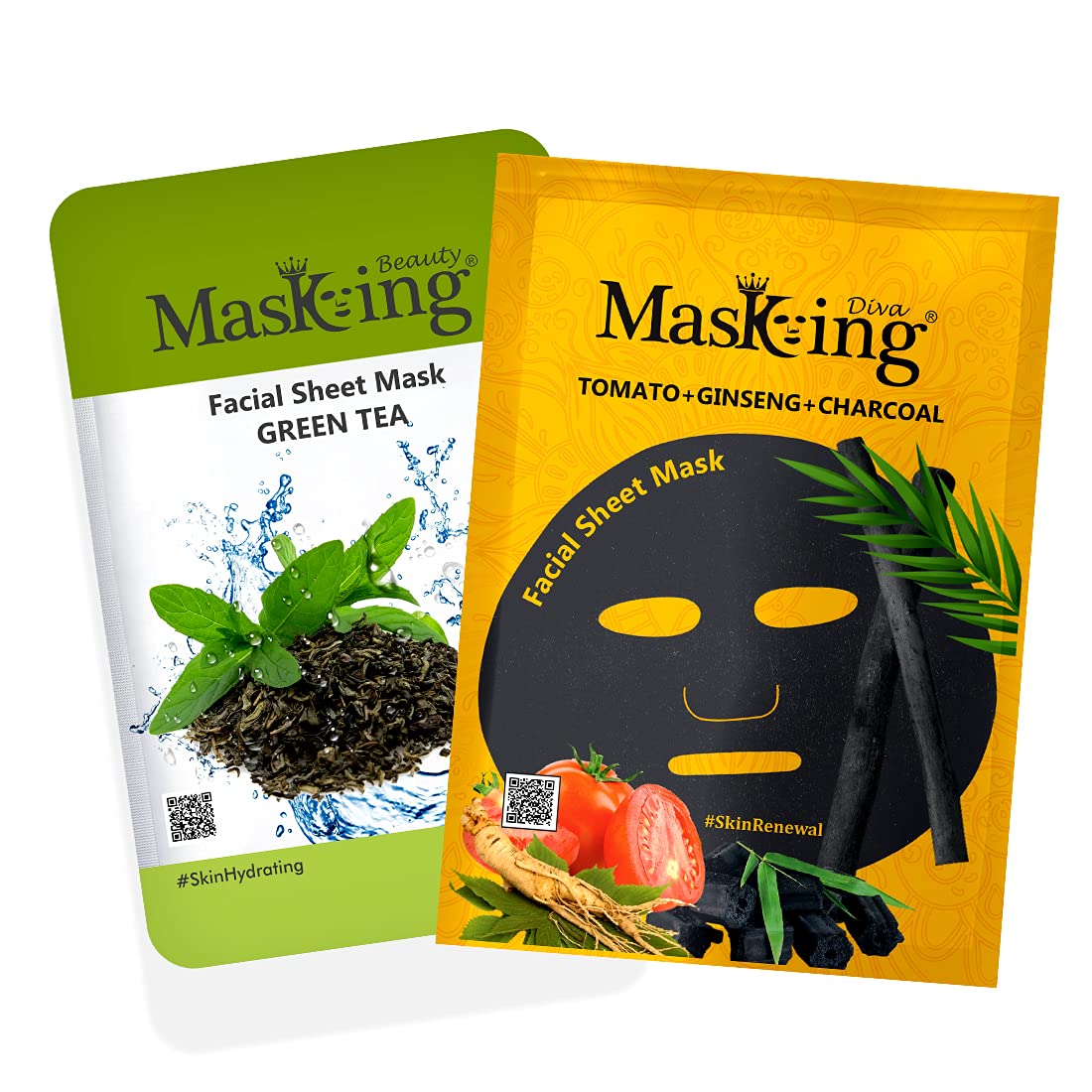 Green Tea Hydrating Facial Sheet Mask 20ml & Tomato Ginseng Charcoal Renewal Sheet Mask 25ml - Korean Skincare Set for Women & Men - Daily Moisturizing & Detoxifying Face Care for Glowing Skin