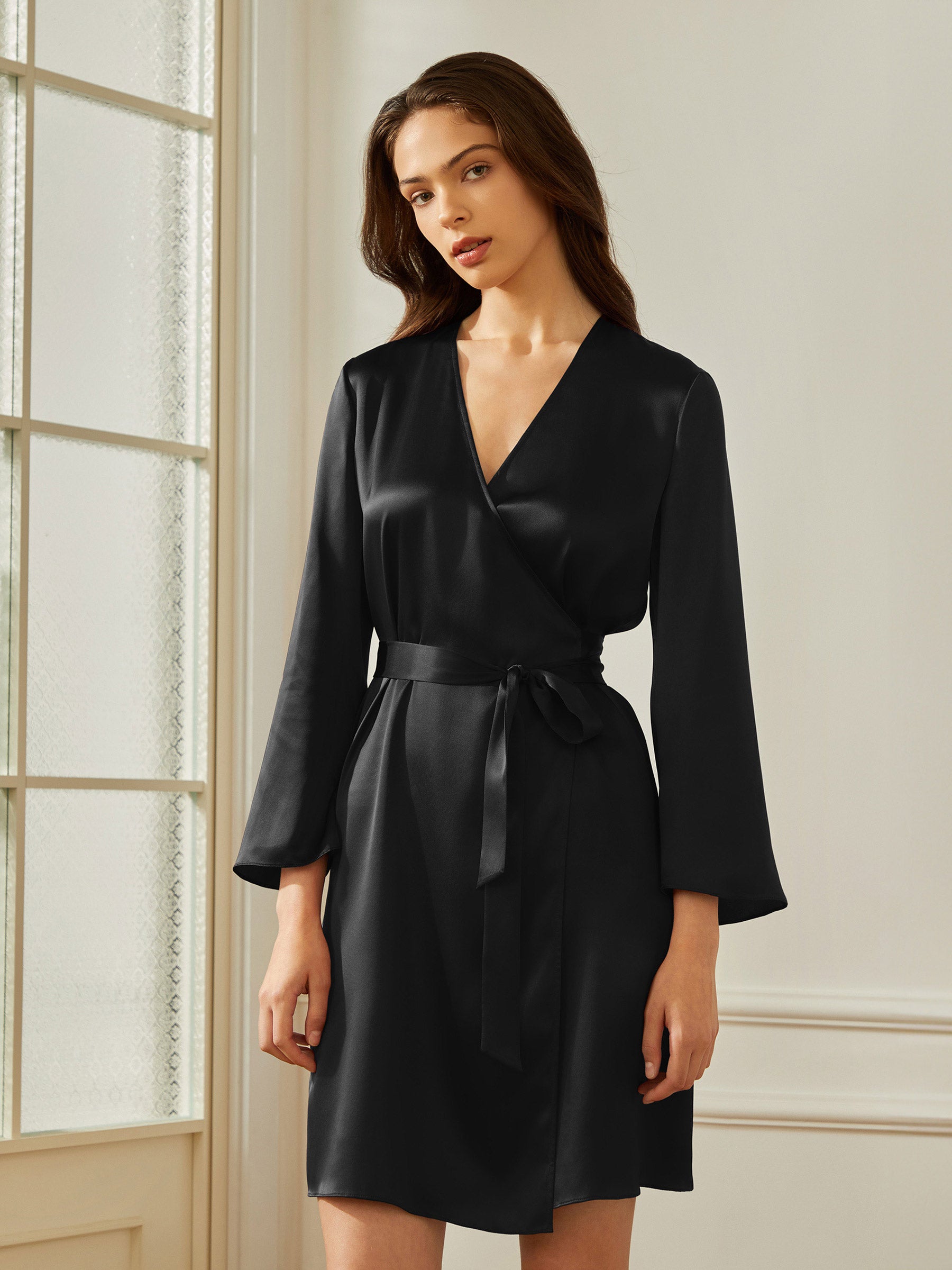 Luxury Silk Robe with Elegant Bell Sleeves - Women's Kimono Style Bathrobe for Spa, Bridal Shower & Relaxation at Home