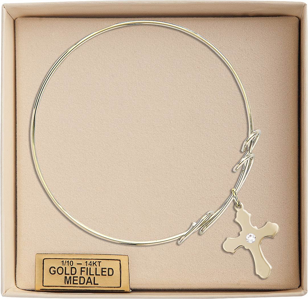 8 Inch Round Double Loop Bangle Bracelet with Cross Medal Charm & April Birthstone Crystal - Elegant Jewelry for Women, Perfect for Gifts, Parties, and Everyday Wear