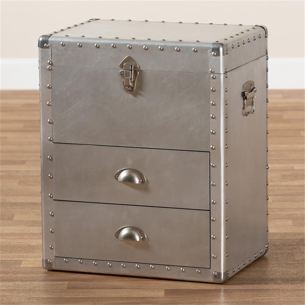 BOWERY HILL 2-Drawer Mid-Century Modern Metal Accent Storage Chest - Silver Finish for Bedroom, Living Room & Office Organization