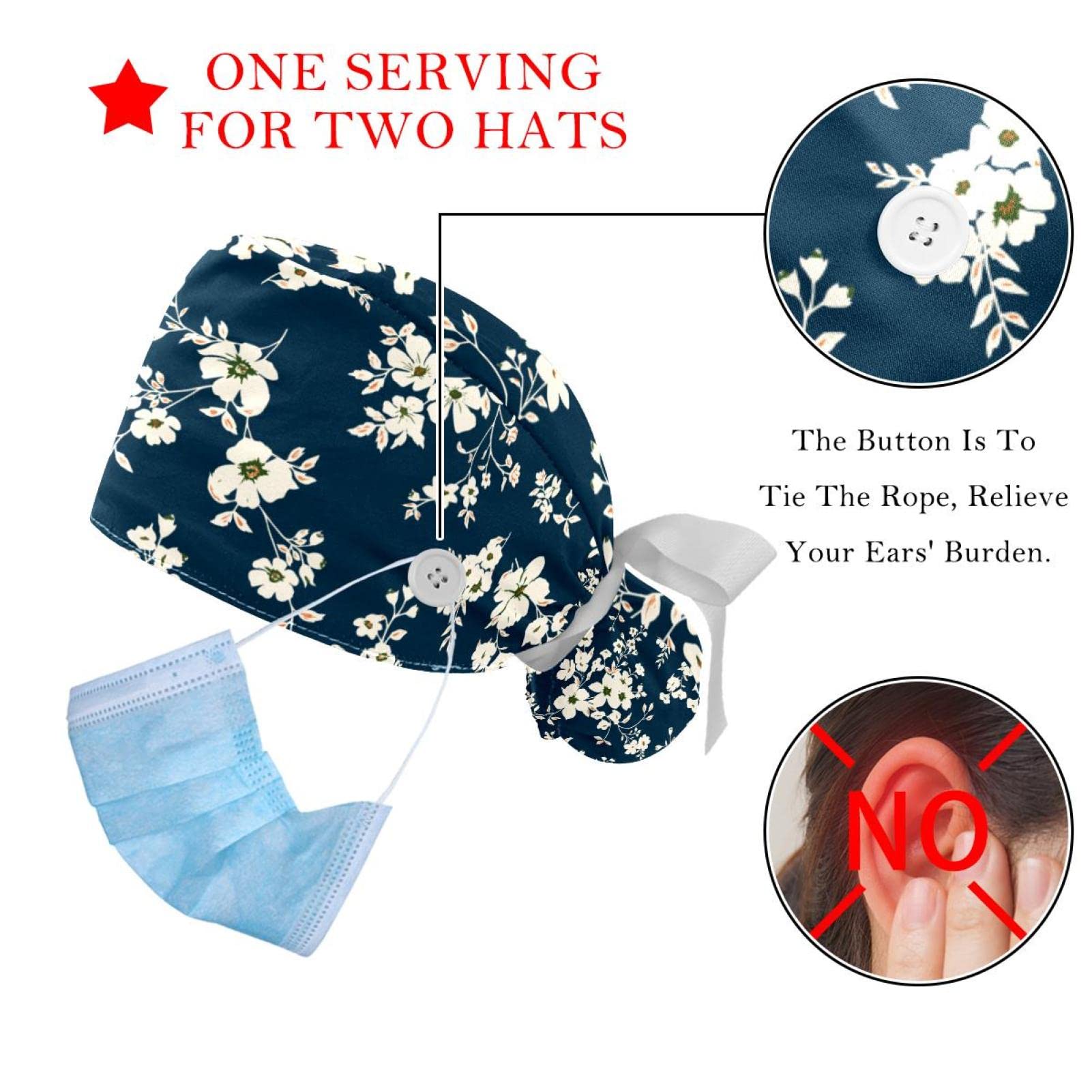 Black & White Floral Scrub Hats for Women & Men - 2 Pack Long Hair Surgical Caps with Button Closure & Sweatband - Unisex Tie Back Nurse Doctor Chef Hat for Hospital, Kitchen & Salon Use