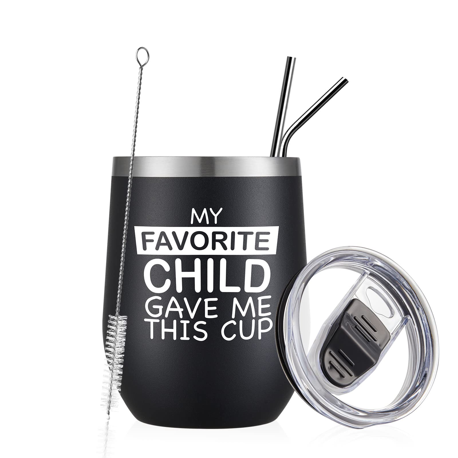 12oz Black Tumbler Cup - Funny Unique Gift for Mom from Daughter or Son - Perfect Birthday, Christmas & Mother's Day Present - Wine Tumbler for Moms & Dads - My Favorite Child Gave Me This - Great for Coffee, Tea & Drinks at Home or Office